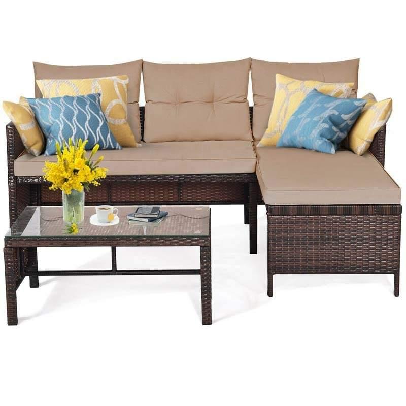 3 Pcs Outdoor PE Rattan Furniture Set Corner Sofa Set - Bestoutdor