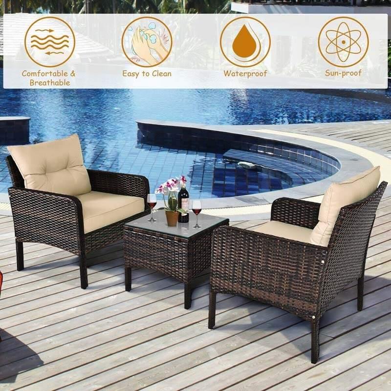 3 Pieces PE Rattan Wicker Chair Set with Seat Cushions - Bestoutdor