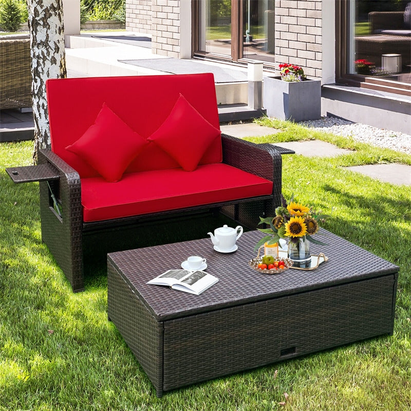 Outdoor Rattan Daybed Patio Wicker Loveseat Sofa with Cushions, Multipurpose Ottoman, Retractable Side Tray, Adjustable Double Chaise Lounge