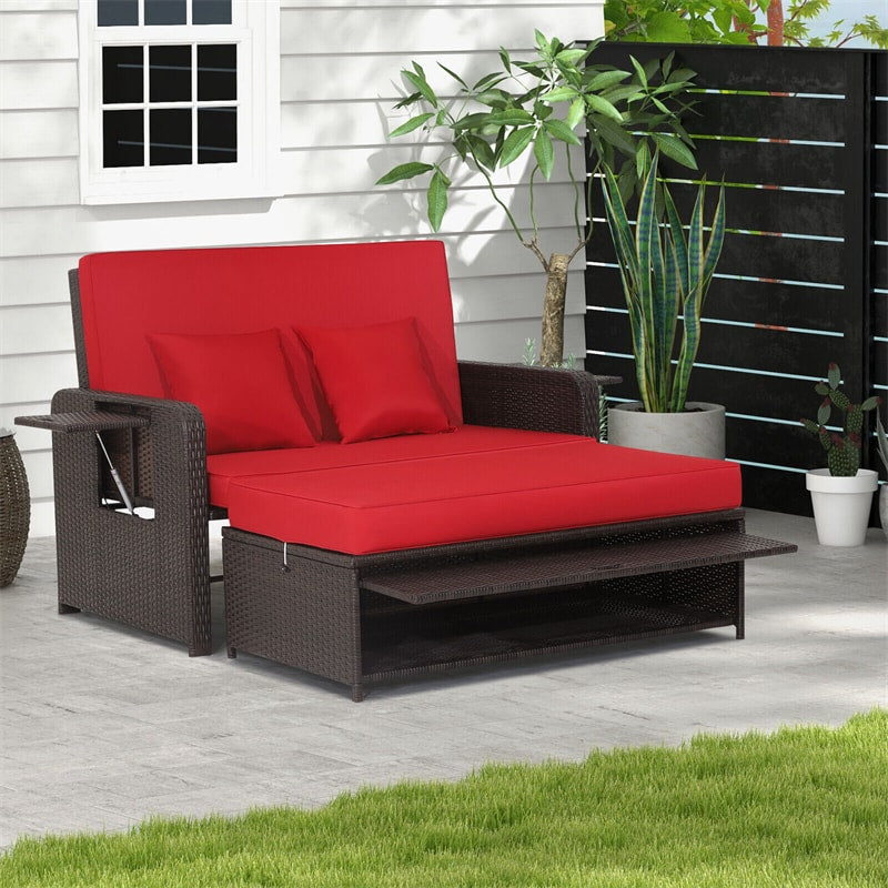 Outdoor Rattan Daybed Patio Wicker Loveseat Sofa with Cushions, Multipurpose Ottoman, Retractable Side Tray, Adjustable Double Chaise Lounge