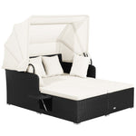 Patio Rattan Daybed Outdoor Wicker Double Sun Lounger with Retractable Top Canopy, 2 Side Table, Soft Seat & Back Cushions