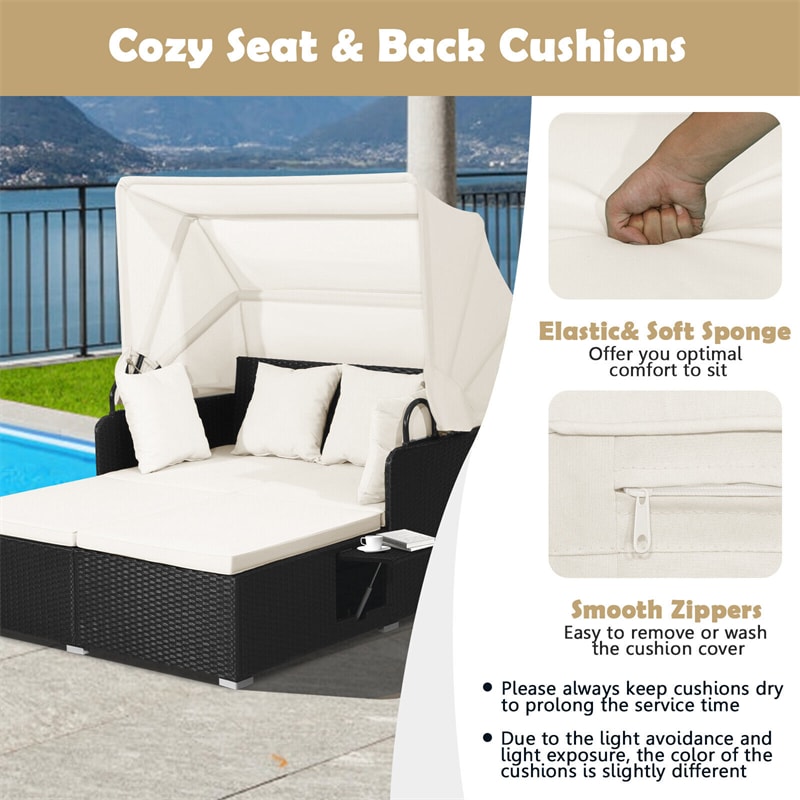 Patio Rattan Daybed Outdoor Wicker Double Sun Lounger with Retractable Top Canopy, 2 Side Table, Soft Seat & Back Cushions