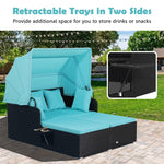 Patio Rattan Daybed Outdoor Wicker Double Sun Lounger with Retractable Top Canopy, 2 Side Table, Soft Seat & Back Cushions