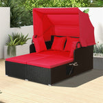 Patio Rattan Daybed Outdoor Wicker Double Sun Lounger with Retractable Top Canopy, 2 Side Table, Soft Seat & Back Cushions