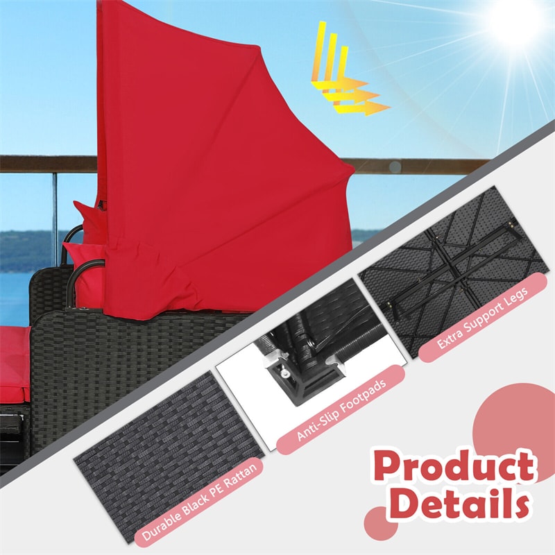 Patio Rattan Daybed Outdoor Wicker Double Sun Lounger with Retractable Top Canopy, 2 Side Table, Soft Seat & Back Cushions