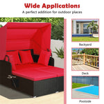 Patio Rattan Daybed Outdoor Wicker Double Sun Lounger with Retractable Top Canopy, 2 Side Table, Soft Seat & Back Cushions