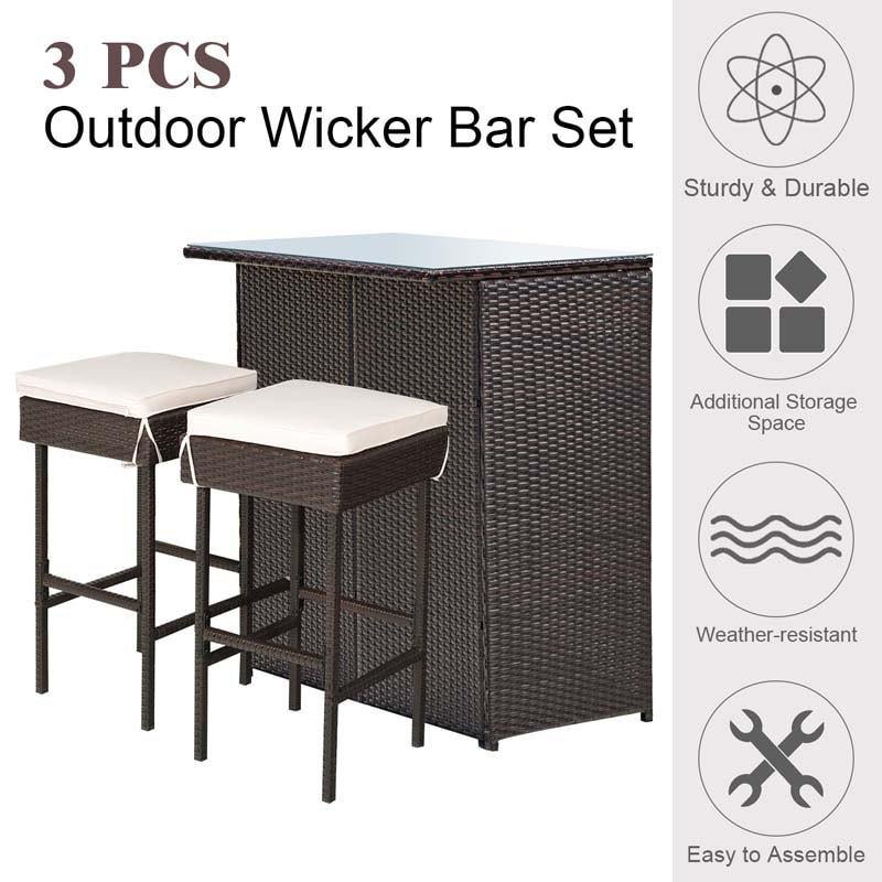 3PCS Outdoor Wicker Bar Set with Stools and Table - Bestoutdor