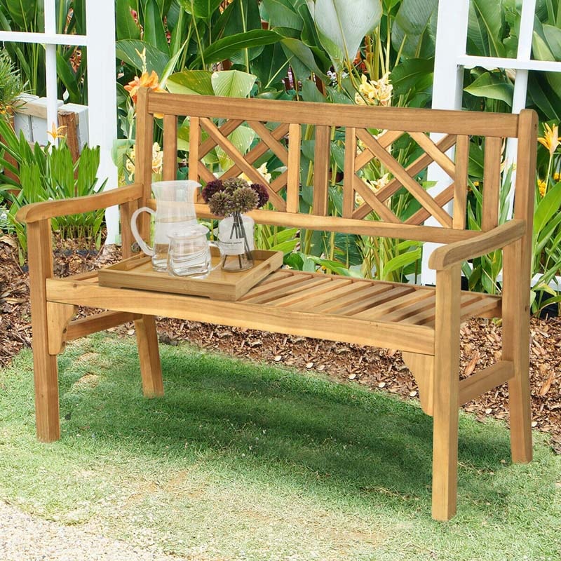 Foldable Wood Patio Bench with Curved Backrest and Armrest - Bestoutdor