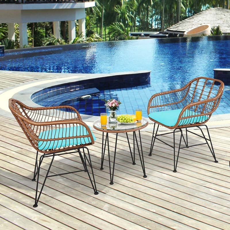 Bestoutdor 3 Pcs Patio Rattan Bistro Set Furniture Set with Tempered Glass Top Table & Cushions