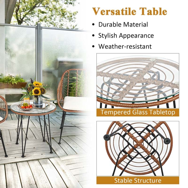 Bestoutdor 3 Pcs Patio Rattan Bistro Set Furniture Set with Tempered Glass Top Table & Cushions