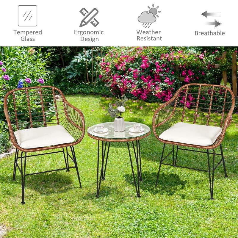 Bestoutdor 3 Pcs Patio Rattan Bistro Set Furniture Set with Tempered Glass Top Table & Cushions