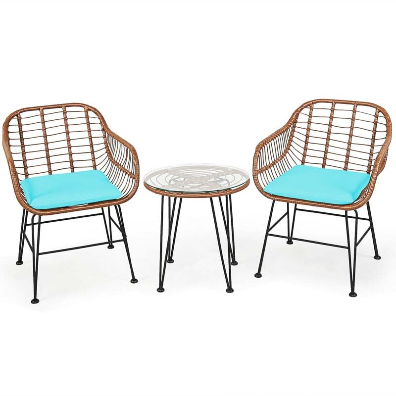 Bestoutdor 3 Pcs Patio Rattan Bistro Set Furniture Set with Tempered Glass Top Table & Cushions