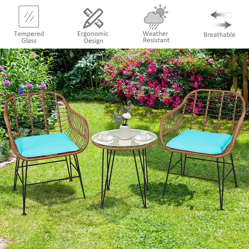 Bestoutdor 3 Pcs Patio Rattan Bistro Set Furniture Set with Tempered Glass Top Table & Cushions