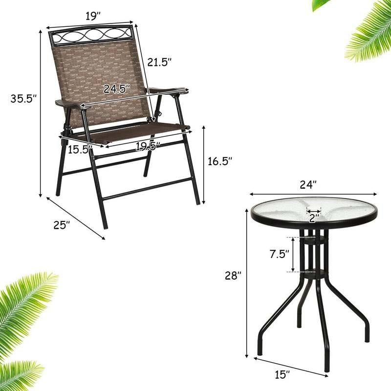 Patio Dining Set Round Glass Table with 2 Patio Folding Chairs - Bestoutdor