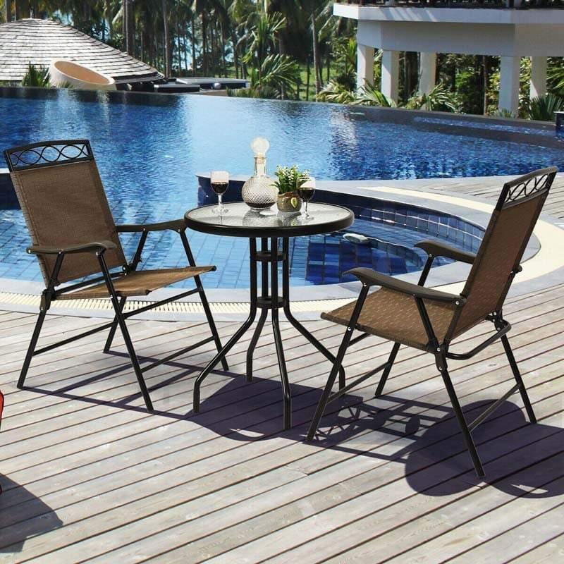 Patio Dining Set Round Glass Table with 2 Patio Folding Chairs - Bestoutdor