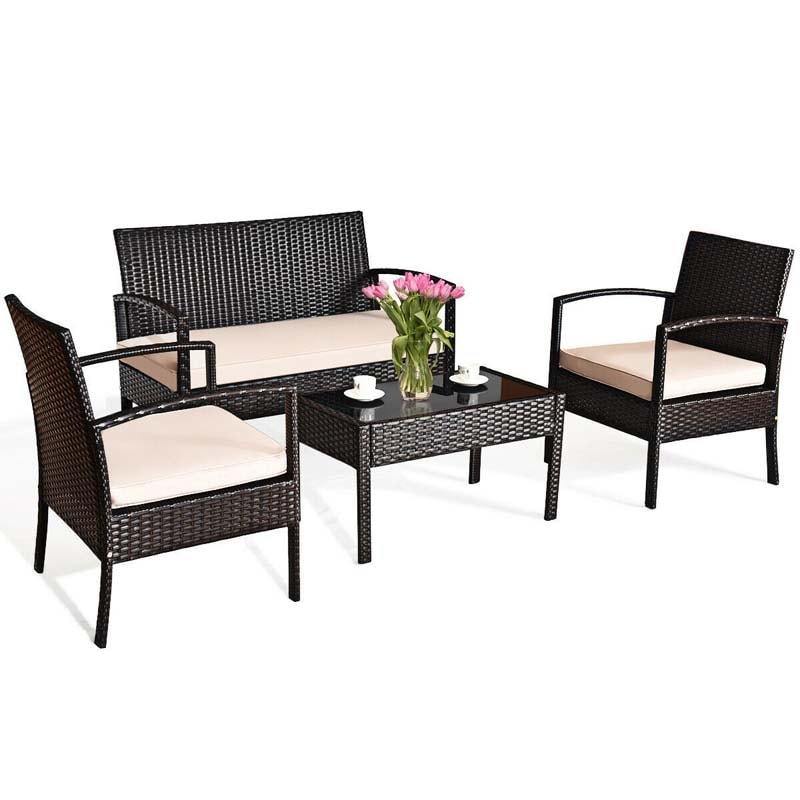 4PCS Patio Furniture Set Rattan Wicker Conversation Set - Bestoutdor