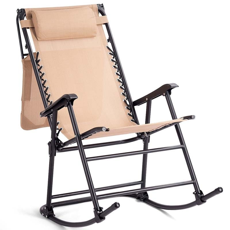 Folding Zero Gravity Rocking Chair Porch Rocker with Shade Canopy Headrest