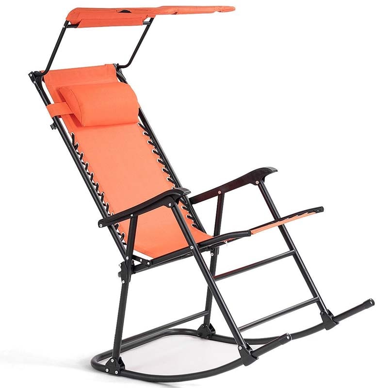 Folding Zero Gravity Rocking Chair Porch Rocker with Shade Canopy Headrest