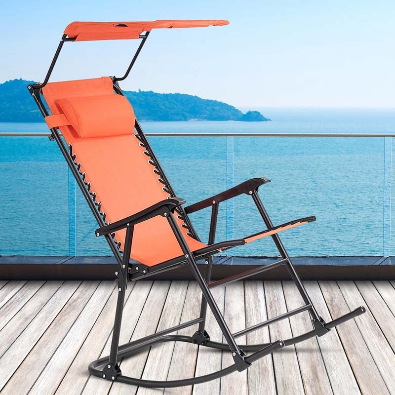 Folding Zero Gravity Rocking Chair Porch Rocker with Shade Canopy Headrest