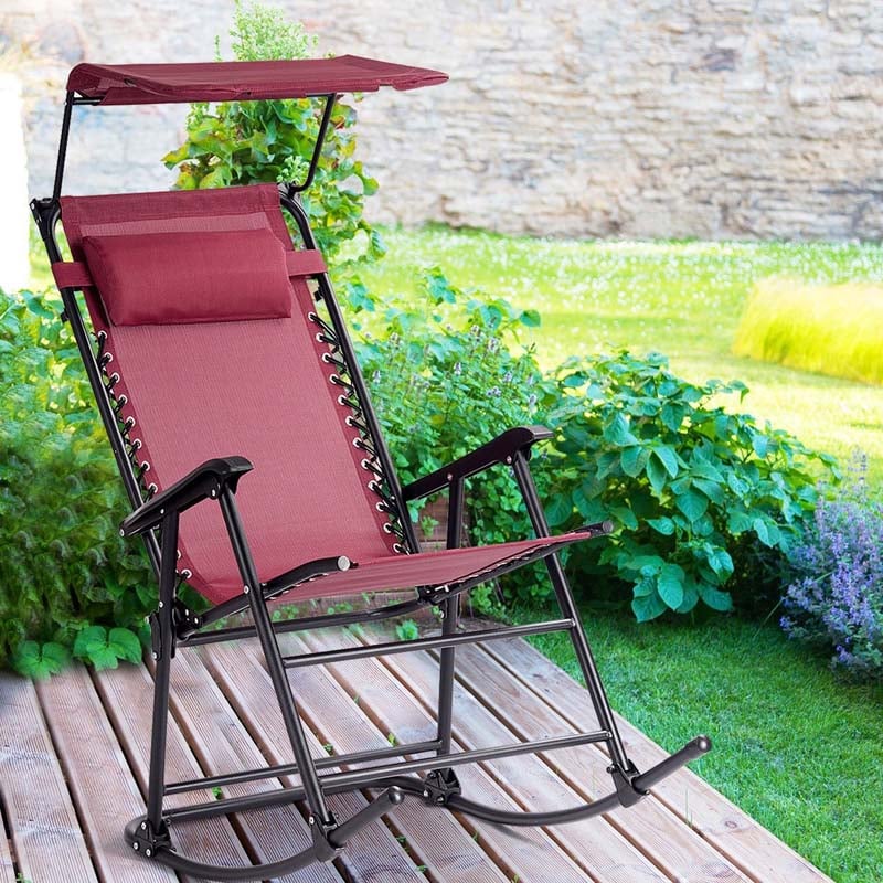 Folding Zero Gravity Rocking Chair Porch Rocker with Shade Canopy Headrest