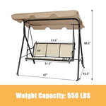 3-Person Porch Swing Steel Frame Patio Swing Bench with Adjustable Polyester Canopy