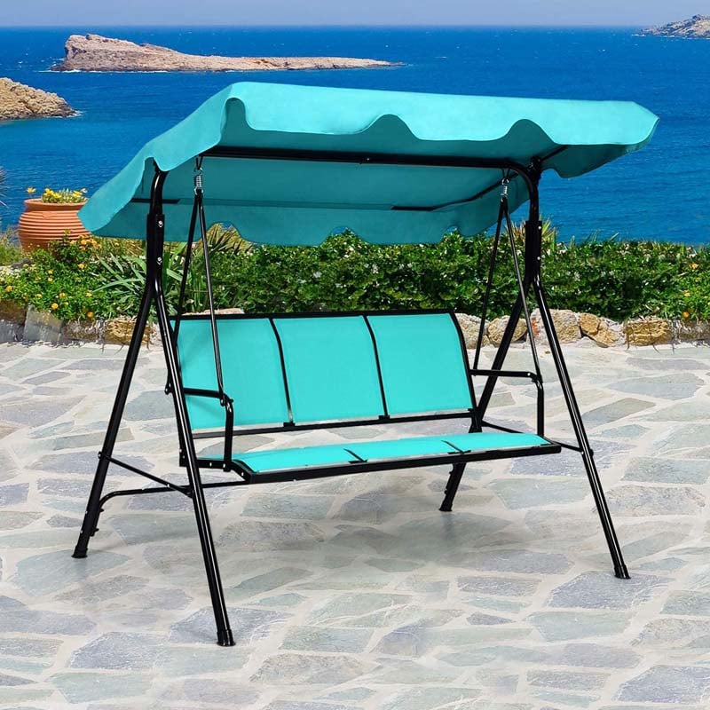 3-Person Porch Swing Steel Frame Patio Swing Bench with Adjustable Polyester Canopy