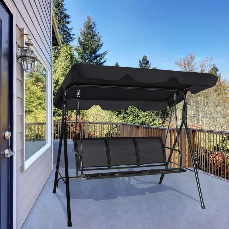 3-Person Porch Swing Steel Frame Patio Swing Bench with Adjustable Polyester Canopy