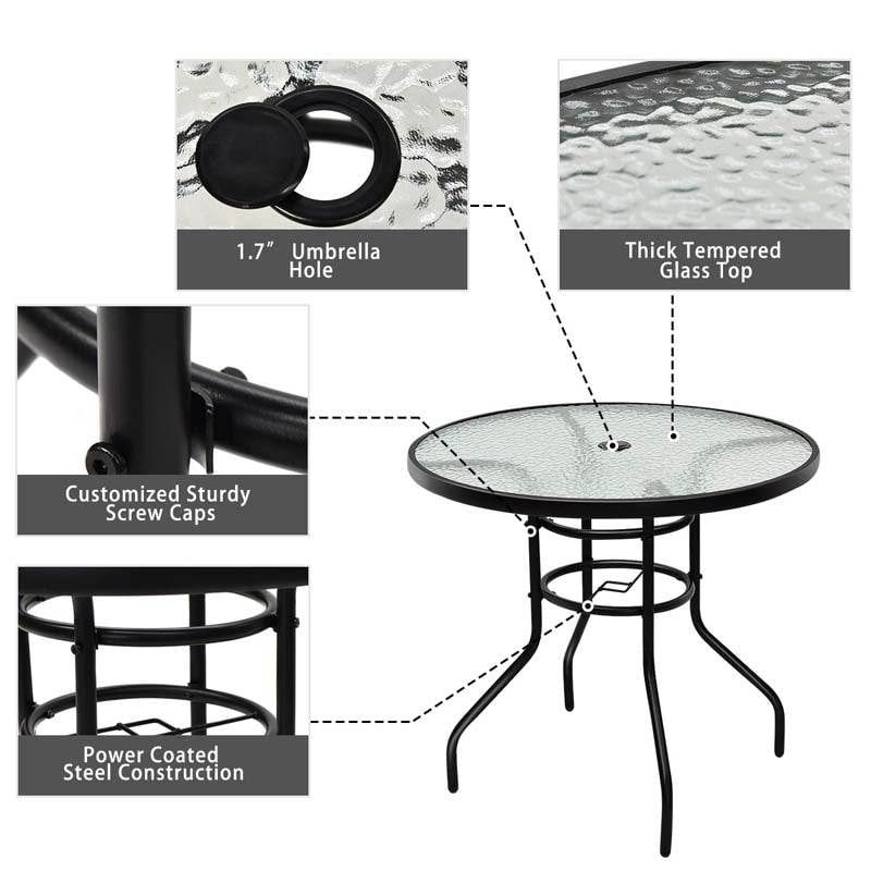 32" Patio Tempered Glass Round Table Outdoor Bistro Table with Umbrella Hole & Sturdy Steel Frame