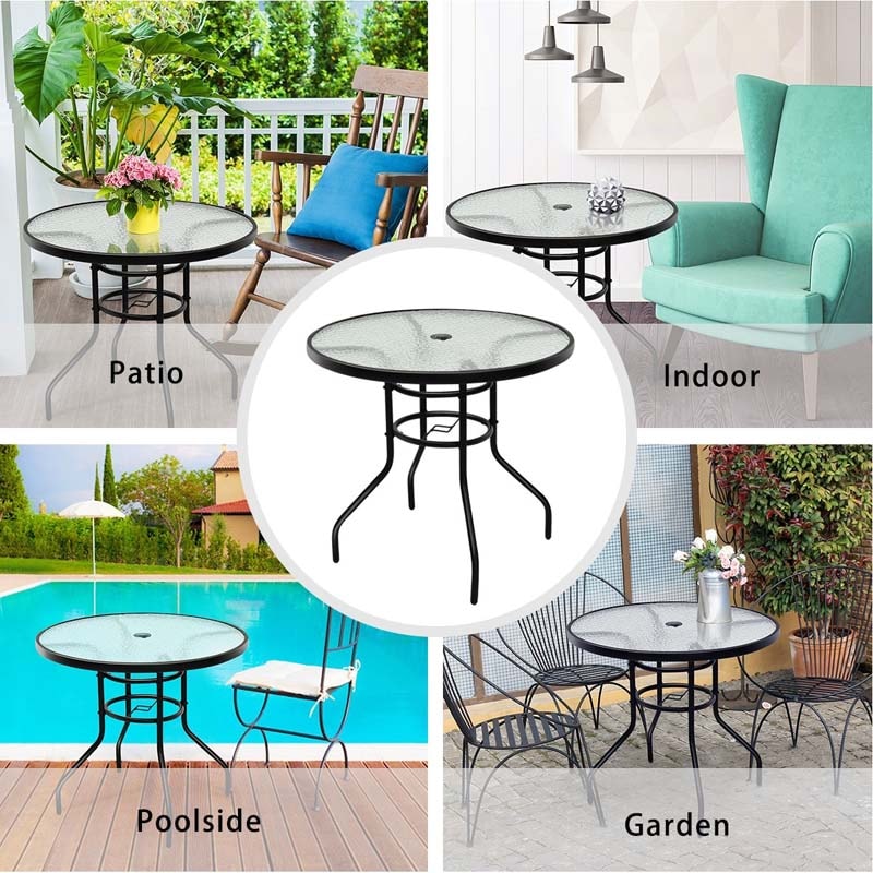 32" Patio Tempered Glass Round Table Outdoor Bistro Table with Umbrella Hole & Sturdy Steel Frame