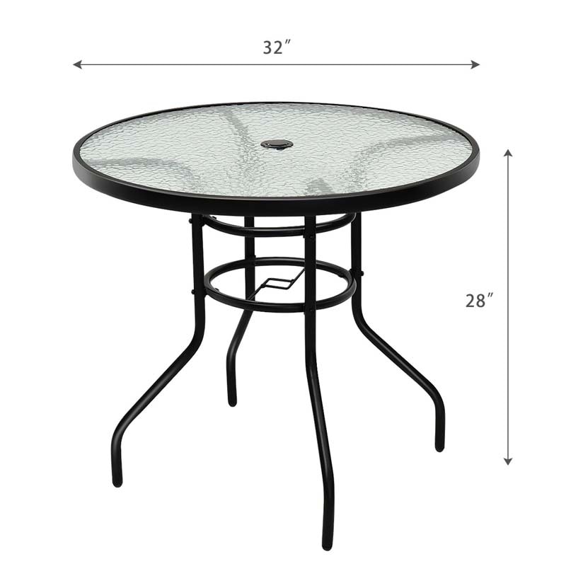 32" Patio Tempered Glass Round Table Outdoor Bistro Table with Umbrella Hole & Sturdy Steel Frame