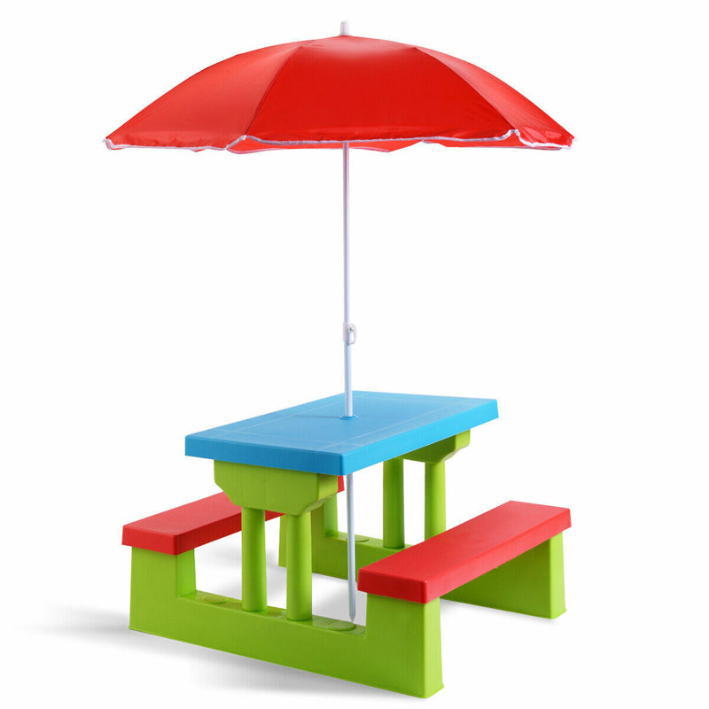 4 Seat Kids Picnic Table Bench Set Children Folding Bench Table with Removable Umbrella for Indoor Outdoor Garden Yard