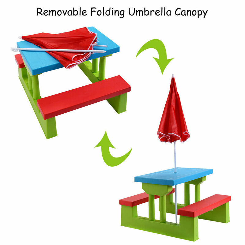 4 Seat Kids Picnic Table Bench Set Children Folding Bench Table with Removable Umbrella for Indoor Outdoor Garden Yard