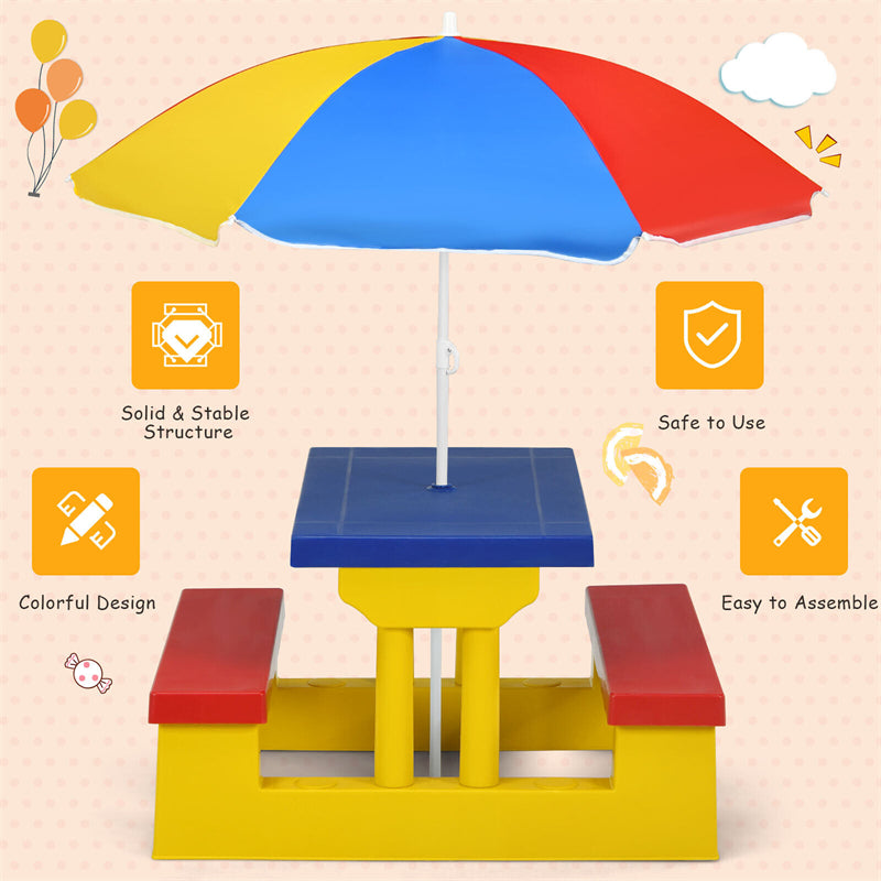 4 Seat Kids Picnic Table Bench Set Children Folding Bench Table with Removable Umbrella for Indoor Outdoor Garden Yard