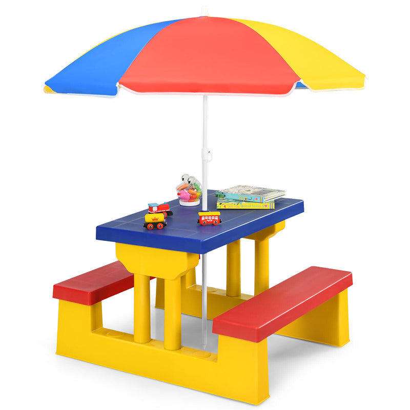 4 Seat Kids Picnic Table Bench Set Children Folding Bench Table with Removable Umbrella for Indoor Outdoor Garden Yard