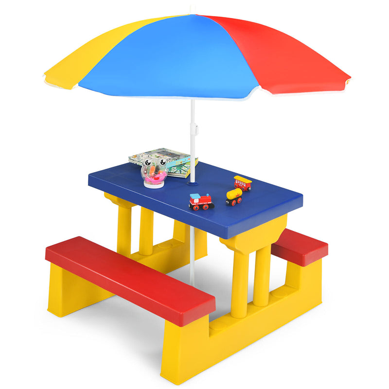 4 Seat Kids Picnic Table Bench Set Children Folding Bench Table with Removable Umbrella for Indoor Outdoor Garden Yard