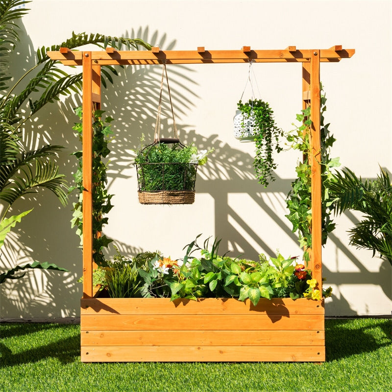 Raised Garden Bed Wood Planter Box with Side Trellis & Hanging Roof for Climbing Plants Vines