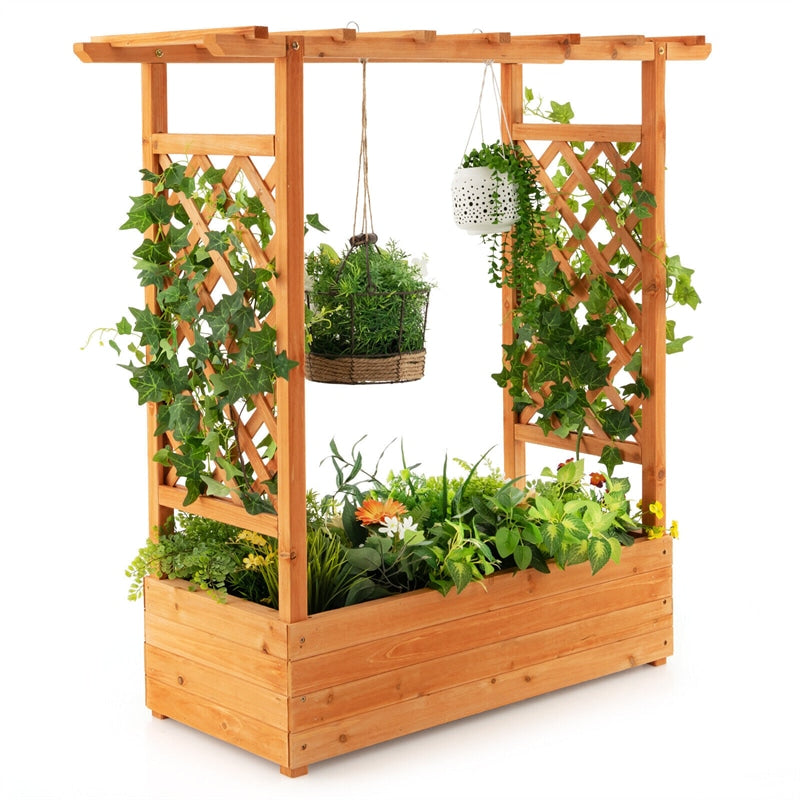 Raised Garden Bed Wood Planter Box with Side Trellis & Hanging Roof for Climbing Plants Vines