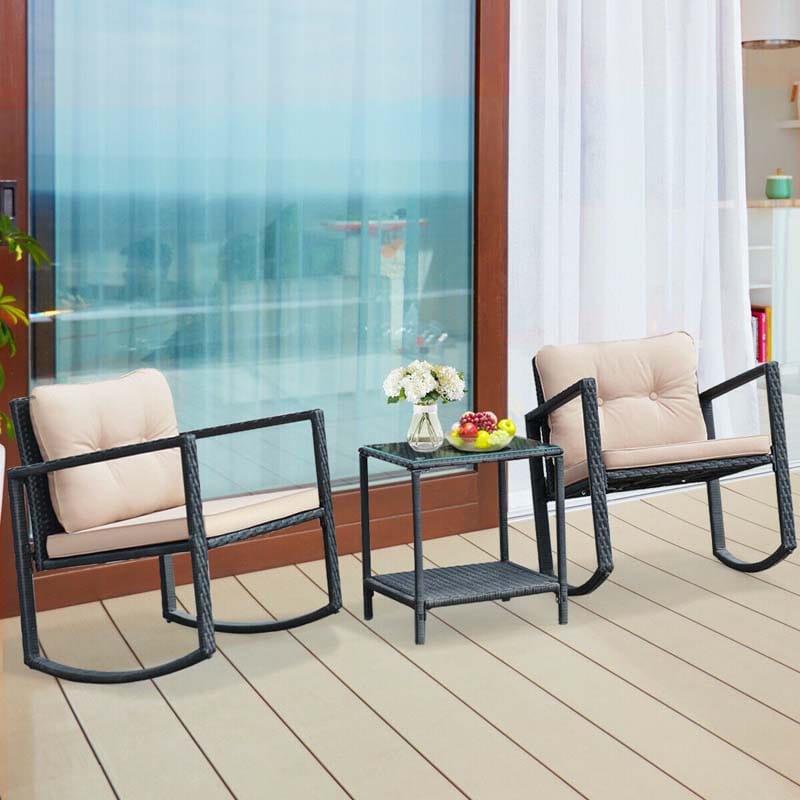 3PCS Patio Rattan Furniture Set with 2 Rocking Chairs, Cushions & Glass Top Coffee Table, Wicker Outdoor Rocker Bistro Set for Lawn Garden