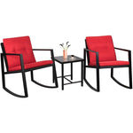 3PCS Patio Rattan Furniture Set with 2 Rocking Chairs, Cushions & Glass Top Coffee Table, Wicker Outdoor Rocker Bistro Set for Lawn Garden