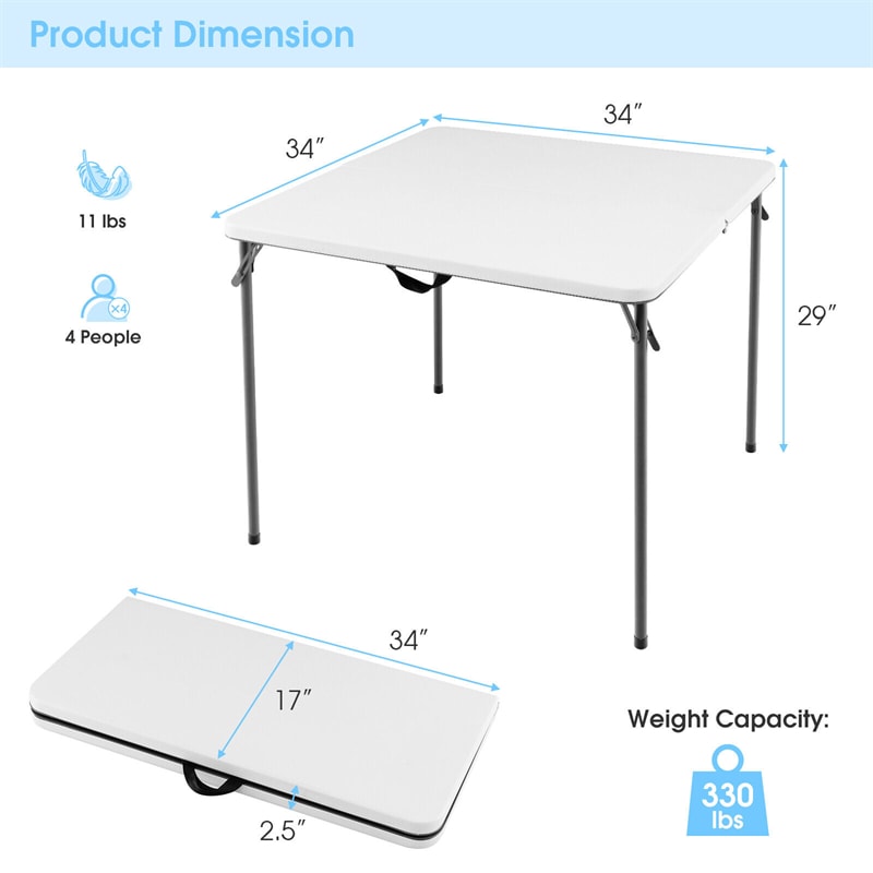 34" Square Folding Card Table Portable HDPE Outdoor Picnic Dining Table with Metal Frame & Carry Straps