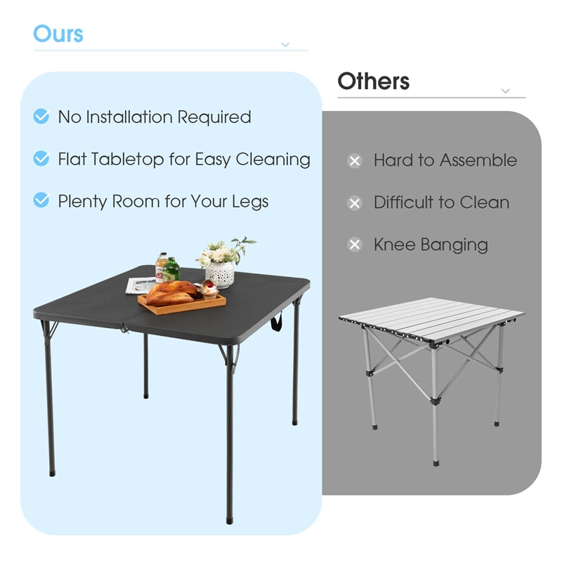 34" Square Folding Card Table Portable HDPE Outdoor Picnic Dining Table with Metal Frame & Carry Straps