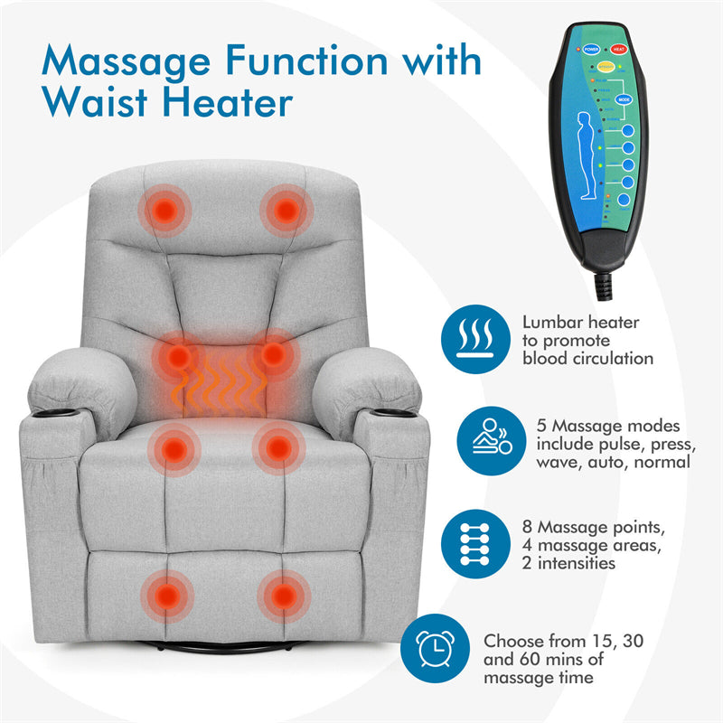 Swivel Rocker Recliner Massage Chair Leather Glider Massage Recliner with Heating & Remote Control