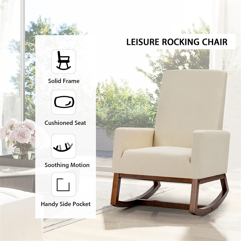 High Back Upholstered Rocking Chair Modern Fabric Nursery Glider Rocker with Wood Base & Side Pocket