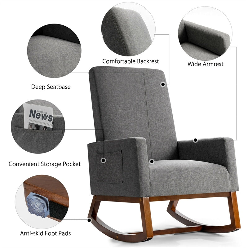 High Back Upholstered Rocking Chair Modern Fabric Nursery Glider Rocker with Wood Base & Side Pocket