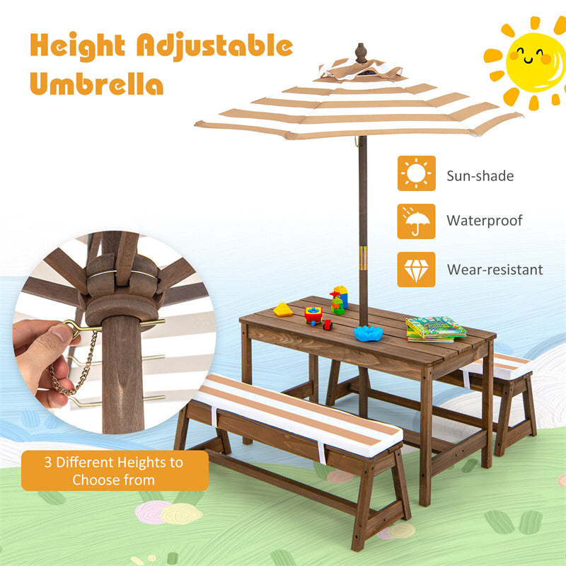 Wooden Kids Picnic Table Bench Set Children Outdoor Activity Table with Cushions & Height Adjustable Umbrella